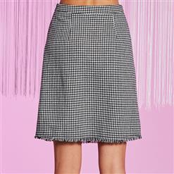 Women's High Waist Houndstooth Print Tassel Bodycon A-Line Skirt N15723