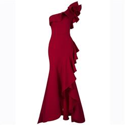 Women's Sleeveless One Shoulder Asymmetric Falbala Maxi Dress N15580