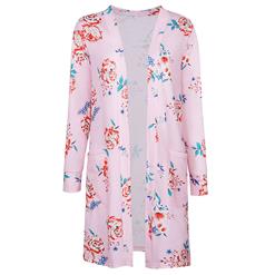Women's Open Front Floral Print Pocket Long Sleeve Casual Coat N14559