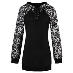 Black Long Sleeve Tops, Lace Patchwork Tops, Black Lace-up Pullover Tops, Women's Black Long Pullover Tops, Lace-up Pocket Tops, Patchwork Pocket Tops, Black Plus Size Tops, #N15795