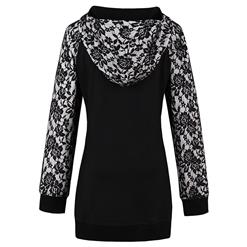 Women's Black Long Sleeve Lace Patchwork Lace-up Pullover Tops N15795