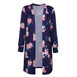 Women's Open Front Floral Print Pocket Long Sleeve Casual Coat N14561