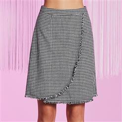 Women's High Waist Houndstooth Print Tassel Bodycon A-Line Skirt N15723