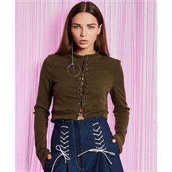 Women's Army-Green Round Neck Front Lace-up Long Sleeve Crop Top N15713