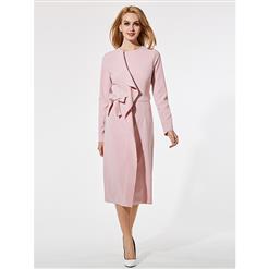 Women's OL Style Pink Round Neck Long Sleeve Falbala Midi Dress N15607