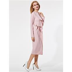 Women's OL Style Pink Round Neck Long Sleeve Falbala Midi Dress N15607