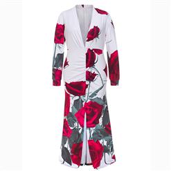 Women's Long Sleeve Deep V Neck Rose Print Slit Plus Size Maxi Dress N15618