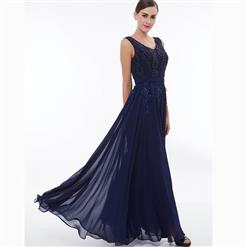 Women's Dark Blue Sleeveless V Neck Pearl Beading Appliques Evening Gowns N15831