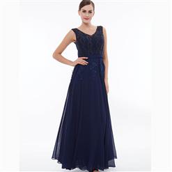 Blue Sleeveless V Neck Dress, Pearl Beading Maxi Dress, Royalblue Appliques Long Dress, Women's Blue Maxi Evening Dress, Beading Chiffon Patchwork Dress, #N15831