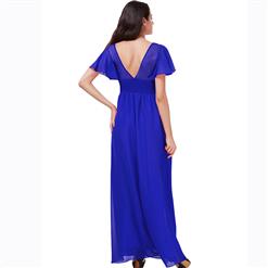 Women's Blue Short Sleeve Round Neck Appliques Sequins Prom Evening Gowns N15825