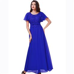 Women's Blue Short Sleeve Round Neck Appliques Sequins Prom Evening Gowns N15825