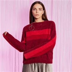 Women's Red Round Neck Long Sleeve Faux Fur Pullover Sweater N15709