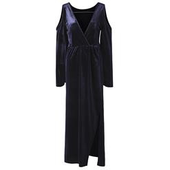 Womens Dark-Blue Velvet Cold Shoulder Plunging V Neck lantern Sleeve Maxi Dress N15708