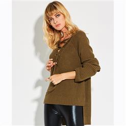 Women's Long Sleeve V Neck Asymmetric Slit Lace-up Pullover Sweater N15781