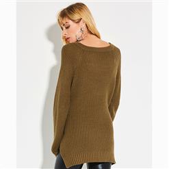 Women's Long Sleeve V Neck Asymmetric Slit Lace-up Pullover Sweater N15781
