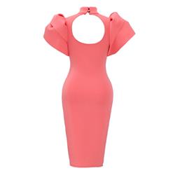 Women's Sexy Pink High Neck Puff Sleeve Back Open Bodycon Midi Dress N15706