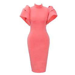 Pink Puff Sleeve Dress, High Neck Bodycon Dress, Pink Women's Bodycon Dresses, Midi Bodycon Pink Dress, Sexy Pink Back Open Dresses, Bodycon Pink Dresses, #N15706