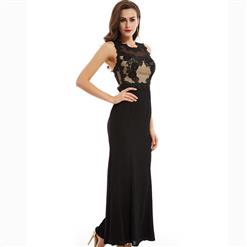 Women's Black Sleeveless Round Neck Appliques Hollow Out Evening Dress N15828