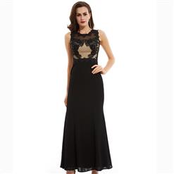 Women's Black Sleeveless Round Neck Appliques Hollow Out Evening Dress N15828