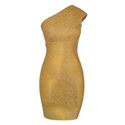 Women's Sexy Metallic Gold One Shoulder Bodycon Bandage Party Dress N15628