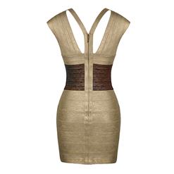 Women's Sexy Cap Sleeve Deep V Neck Gold Bodycon Bandage Dress N15645