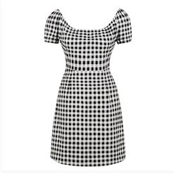 Vintage Casual Short Sleeve High Waist Plaid Print Summer Day Dress N17588