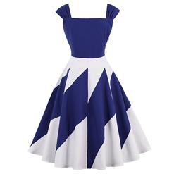 Fashion Vintage Blue Thick Shoulder Straps Color-block Patchwork Casual Swing Dress N15635