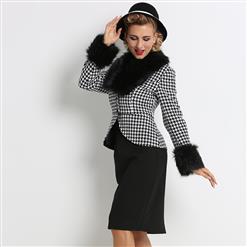 Women's Fashion Two Pieces Faux Fur Houndstooth Print Dress Suit N15805
