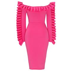 Women's Sexy Hot-pink Off Shoulder Long Sleeve Solid Ruffled Falbala Bodycon Party Dress N15705
