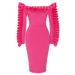 Women's Sexy Hot-pink Off Shoulder Long Sleeve Solid Ruffled Falbala Bodycon Party Dress N15705