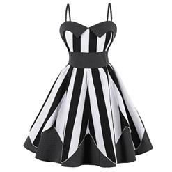 Fashion Vintage Shoulder Straps Stripe Dot Print Patchwork Casual Swing Dress N15584