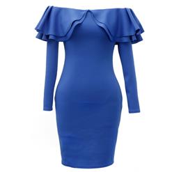 Women's Sexy Blue Off Shoulder Long Sleeve Ruffled Falbala Bodycon Party Dress N15704