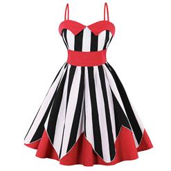Fashion Vintage Shoulder Straps Stripe Dot Print Patchwork Casual Swing Dress N15583