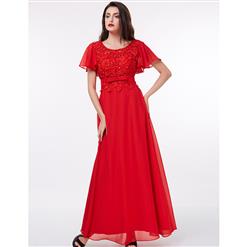 Women's Red Short Sleeve Round Neck Appliques Sequins Prom Evening Gowns N15861