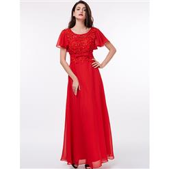 Short Sleeve Round Neck Dress, Appliques Sequins Maxi Dress, Red Backless A-Line Dress, Women's Red Maxi Evening Gowns, Elegant Appliques Chiffon Dress, #N15861