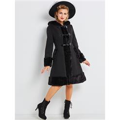 Women's Vintage Long Sleeve Hooded Horn Button Faux Fur Coat Dress N15426
