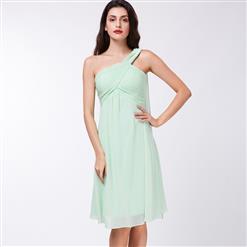 Sleeveless One Shoulder Dress, Pleated Chiffon A-Line Dress, Women's Green Backless A-Line Dress, Green Bridesmaid Dress, Chiffon Prom Praty Dress, Knee Length Chiffon Dress, #N15883