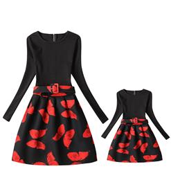 Black Vintage Long Sleeve Butterfly Print Mother and Daughter A-Line Family Matching Dress N15531