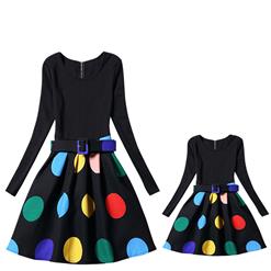 Black Vintage Long Sleeve Dot Print Mother and Daughter A-Line Family Matching Dress N15530