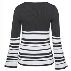 Women's Slim Flare Sleeve Round Neck Stripe Pullover Sweater N15823
