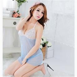 Sexy Light Blue Halter Lace Patchwork See-through Mesh Babydoll Nightwear Lingerie N17661