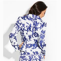 Women's Long Sleeve Shawl Collar Blue Floral Print Blazer with Self Belt N15566