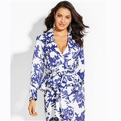 Women's Long Sleeve Shawl Collar Blue Floral Print Blazer with Self Belt N15566