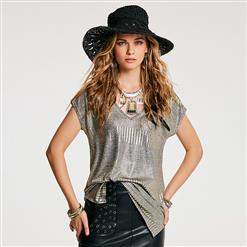 Gray Short Sleeve Tops, Asymmetric Pullover Tops, Fashion Slit Tops, Casual Pullover Tops for Women, Gray V Neck Tops, Silver Stamping Tops, Women's Pure Gray Tops, #N15700