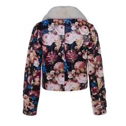 Women's Fashion Long Sleeve Faux Fur Lapel Floral Print Short Jacket N15336