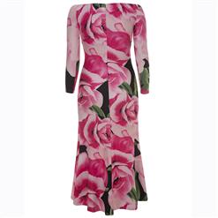 Women's Long Sleeve Off Shoulder Floral Print Plus Size Maxi Dress N15619