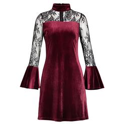 Women's Wine Red High Neck Bell Sleeve Floral Mesh Patchwork Day Dress N15553