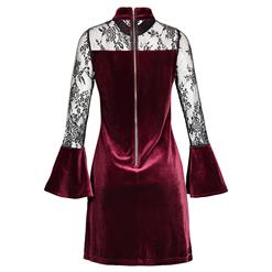 Women's Wine Red High Neck Bell Sleeve Floral Mesh Patchwork Day Dress N15553