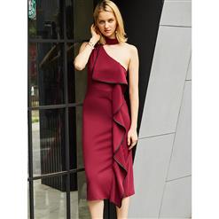 Women's Wine-Red One Shoulder Sleeveless Falbala Midi Dress N15552