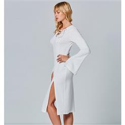 Women's White Lace-up V Neck Bell Sleeve High Slit Midi Dress N15551
